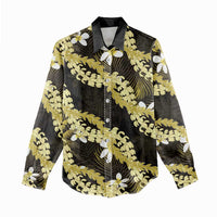 Puakenikeni Maile Lei Women Casual Shirt Frangipani Yellow Tropical Leaves LT01 - Polynesian Pride