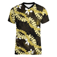 Puakenikeni Maile Lei Women V-Neck T-Shirt Frangipani Yellow Tropical Leaves LT01 Female Yellow - Polynesian Pride