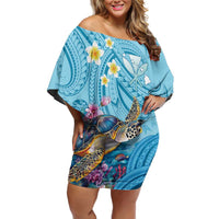 Personalized Hawaii Sea Turtle Family Matching Off Shoulder Short Dress and Hawaiian Shirt Hawaii Map Ocean Vibes