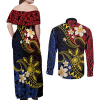 Philippines Spirit Tribal Sun Plumeria Couples Matching Off Shoulder Maxi Dress and Long Sleeve Button Shirt Red And Blue Polynesian Pattern