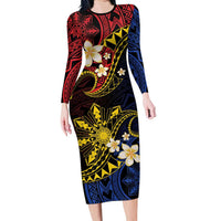 Philippines Spirit Tribal Sun Plumeria Long Sleeve Bodycon Dress Red And Blue Polynesian Pattern LT01 Long Dress Black - Polynesian Pride