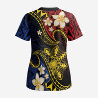 Philippines Spirit Tribal Sun Plumeria Scrub Top Red And Blue Polynesian Pattern - Polynesian Pride