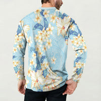 Hawaii Hibiscus Plumeria Blue Button Sweatshirt Polynesian Pattern