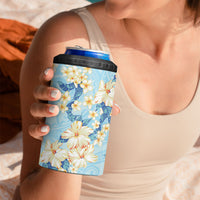 Hawaii Hibiscus Plumeria Blue 4 in 1 Can Cooler Tumbler Polynesian Pattern