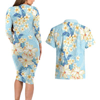 Hawaii Hibiscus Plumeria Blue Couples Matching Long Sleeve Bodycon Dress and Hawaiian Shirt Polynesian Pattern