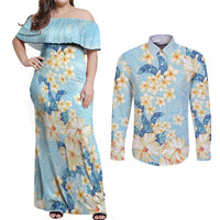 Hawaii Hibiscus Plumeria Blue Couples Matching Off Shoulder Maxi Dress and Long Sleeve Button Shirt Polynesian Pattern