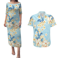 Hawaii Hibiscus Plumeria Blue Couples Matching Puletasi and Hawaiian Shirt Polynesian Pattern
