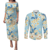 Hawaii Hibiscus Plumeria Blue Couples Matching Puletasi and Long Sleeve Button Shirt Polynesian Pattern