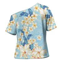 Hawaii Hibiscus Plumeria Blue Cross Shoulder Shirt Polynesian Pattern