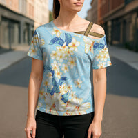 Hawaii Hibiscus Plumeria Blue Cross Shoulder Shirt Polynesian Pattern