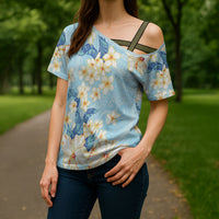 Hawaii Hibiscus Plumeria Blue Cross Shoulder Shirt Polynesian Pattern