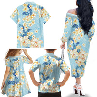 Hawaii Hibiscus Plumeria Blue Family Matching Off The Shoulder Long Sleeve Dress and Hawaiian Shirt Polynesian Pattern