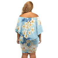 Hawaii Hibiscus Plumeria Blue Family Matching Off Shoulder Short Dress and Hawaiian Shirt Polynesian Pattern