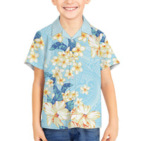 Hawaii Hibiscus Plumeria Blue Family Matching Off Shoulder Short Dress and Hawaiian Shirt Polynesian Pattern