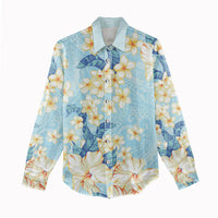Hawaii Hibiscus Plumeria Blue Women Casual Shirt Polynesian Pattern