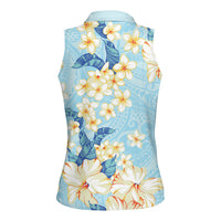 Hawaii Hibiscus Plumeria Blue Women Sleeveless Polo Shirt Polynesian Pattern