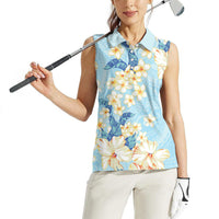 Hawaii Hibiscus Plumeria Blue Women Sleeveless Polo Shirt Polynesian Pattern