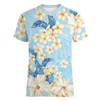 Hawaii Hibiscus Plumeria Blue Women V-Neck T-Shirt Polynesian Pattern LT01 Female Blue - Polynesian Pride