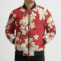 Hawaii Hibiscus Plumeria Red Bomber Puffer Jacket Polynesian Pattern