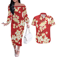 Hawaii Hibiscus Plumeria Red Couples Matching Off The Shoulder Long Sleeve Dress and Hawaiian Shirt Polynesian Pattern