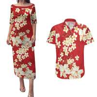 Hawaii Hibiscus Plumeria Red Couples Matching Puletasi and Hawaiian Shirt Polynesian Pattern