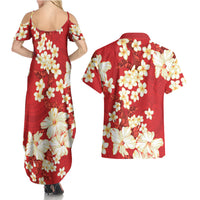 Hawaii Hibiscus Plumeria Red Couples Matching Summer Maxi Dress and Hawaiian Shirt Polynesian Pattern