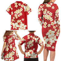 Hawaii Hibiscus Plumeria Red Family Matching Long Sleeve Bodycon Dress and Hawaiian Shirt Polynesian Pattern
