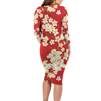 Hawaii Hibiscus Plumeria Red Family Matching Long Sleeve Bodycon Dress and Hawaiian Shirt Polynesian Pattern
