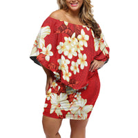 Hawaii Hibiscus Plumeria Red Family Matching Off Shoulder Short Dress and Hawaiian Shirt Polynesian Pattern