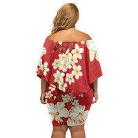 Hawaii Hibiscus Plumeria Red Family Matching Off Shoulder Short Dress and Hawaiian Shirt Polynesian Pattern