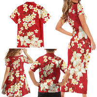 Hawaii Hibiscus Plumeria Red Family Matching Short Sleeve Bodycon Dress and Hawaiian Shirt Polynesian Pattern