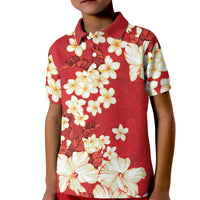 Hawaii Hibiscus Plumeria Red Kid Polo Shirt Polynesian Pattern