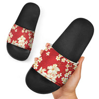 Hawaii Hibiscus Plumeria Red Slide Sandals Polynesian Pattern