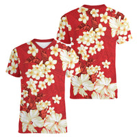 Hawaii Hibiscus Plumeria Red Women V-Neck T-Shirt Polynesian Pattern LT01 - Polynesian Pride