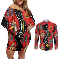 Papua New Guinea 50th Independence Couples Matching Off Shoulder Short Dress and Long Sleeve Button Shirt PNG Batik Pattern - Polynesian Pride