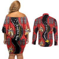 Papua New Guinea 50th Independence Couples Matching Off Shoulder Short Dress and Long Sleeve Button Shirt PNG Batik Pattern - Polynesian Pride