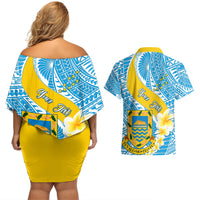 personalised-tuvalu-independence-day-couples-matching-off-shoulder-short-dress-and-hawaiian-shirt-plumeria-45th-anniversary