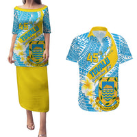 Personalised Tuvalu Independence Day Couples Matching Puletasi Dress and Hawaiian Shirt Plumeria 45th Anniversary LT01 Blue - Polynesian Pride