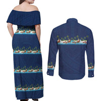 Hawaii Santa Riding Sea Turtle Couples Matching Off Shoulder Maxi Dress and Long Sleeve Button Shirt Mele Kalikimaka Polynesian Pattern LT01 - Polynesian Pride