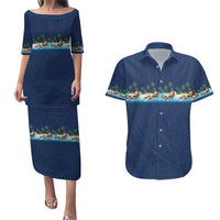 Hawaii Santa Riding Sea Turtle Couples Matching Puletasi and Hawaiian Shirt Mele Kalikimaka Polynesian Pattern LT01 Blue - Polynesian Pride