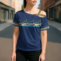 Hawaii Santa Riding Sea Turtle Cross Shoulder Shirt Mele Kalikimaka Polynesian Pattern - Polynesian Pride