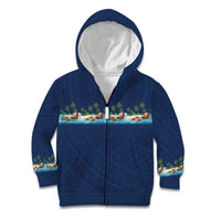 Hawaii Santa Riding Sea Turtle Kid Hoodie Mele Kalikimaka Polynesian Pattern LT01 Zip Hoodie Blue - Polynesian Pride