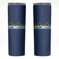 Hawaii Santa Riding Sea Turtle Skinny Tumbler Mele Kalikimaka Polynesian Pattern LT01 Blue - Polynesian Pride