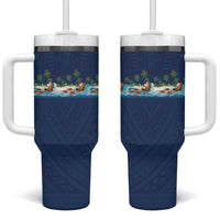 Hawaii Santa Riding Sea Turtle Tumbler With Handle Mele Kalikimaka Polynesian Pattern LT01 One Size: 40 oz Blue - Polynesian Pride