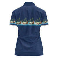 Hawaii Santa Riding Sea Turtle Women Polo Shirt Mele Kalikimaka Polynesian Pattern - Polynesian Pride