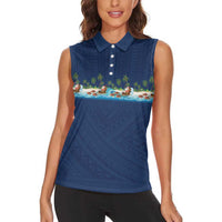 Hawaii Santa Riding Sea Turtle Women Sleeveless Polo Shirt Mele Kalikimaka Polynesian Pattern LT01 - Polynesian Pride