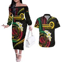 Vanuatu Independence Day Couples Matching Off The Shoulder Long Sleeve Dress and Hawaiian Shirt Yumi 46th Hapi Indipendens Dei LT01 Black - Polynesian Pride