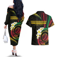 Vanuatu Independence Day Couples Matching Off The Shoulder Long Sleeve Dress and Hawaiian Shirt Yumi 46th Hapi Indipendens Dei LT01 - Polynesian Pride