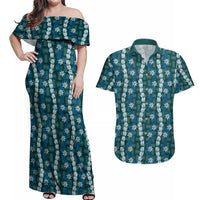 Pikake Maile Tiare Lei Couples Matching Off Shoulder Maxi Dress and Hawaiian Shirt Polu Lauhala Pattern