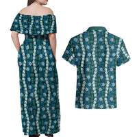 Pikake Maile Tiare Lei Couples Matching Off Shoulder Maxi Dress and Hawaiian Shirt Polu Lauhala Pattern